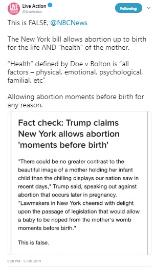 Image: Live Action calls out NBC incorrect Fact Check after SOTU on Trump and abortion
