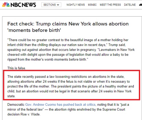 Image: NBC incorrect Fact Check after SOTU on Trump and New York abortion