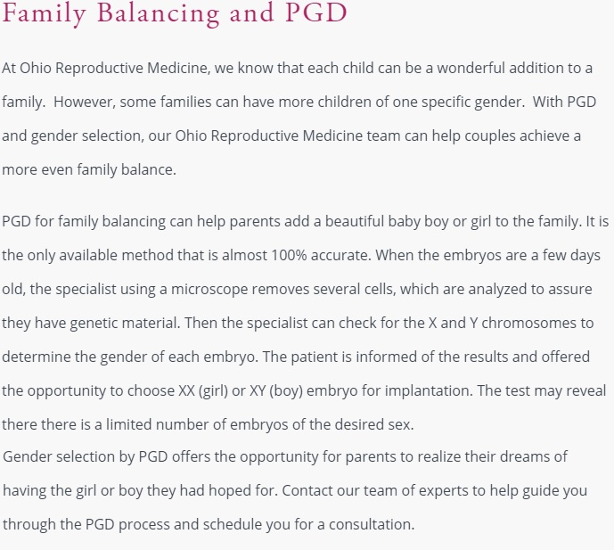 Image: Ohio Reproductive Medicine Family Balancing Sex Selection abortion (Image: ORM website accessed March 8, 2019) 