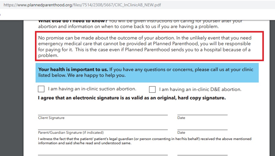 Image: Planned Parenthood Utah consent form patient financially responsible emergencies 
