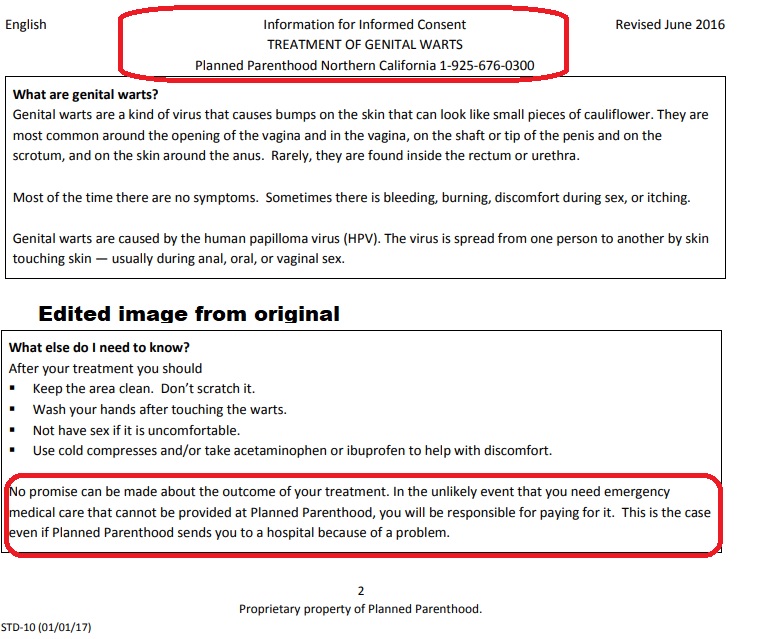 Image: Planned Parenthood California Genital Warts consent form patient financially responsible