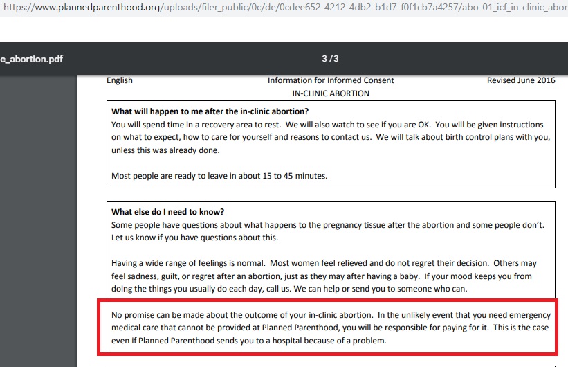 Image: Planned Parenthood California abortion consent form patient financially responsible