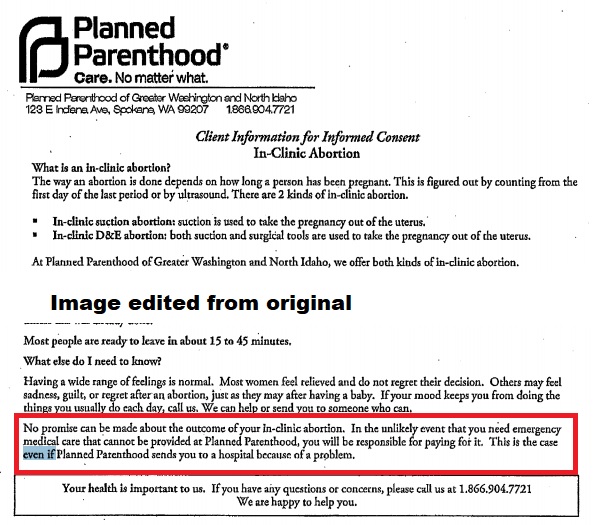 Image: Planned Parenthood Greater Wa abortion consent form patient financially responsible