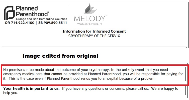 Image: Planned Parenthood San Bernardino Counties Cryotherapy consent form patient financially responsible