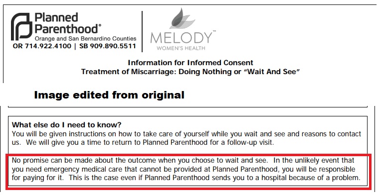 Image: Planned Parenthood San Bernardino Counties Miscarriage care consent form patient financially responsible
