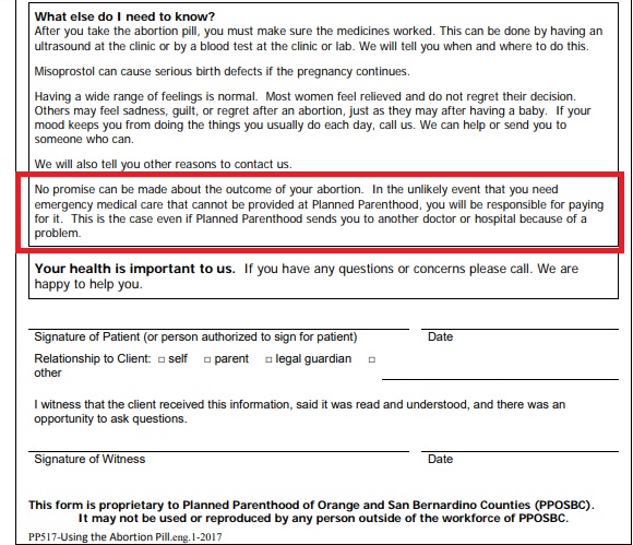 Image: Planned Parenthood San Bernardino Counties abortion consent form patient financially responsible