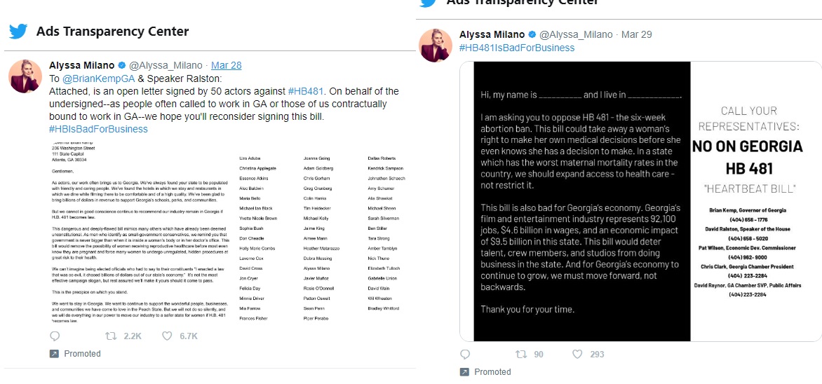 Image: Alyssa Milano promoted abortionTweets opposing GA heartbeat bill on Twitter (Image: Twitter) 