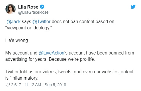 Image: Lila Rose tweet to Jack Dorsey for Twitter censoring pro-life group Live Action 