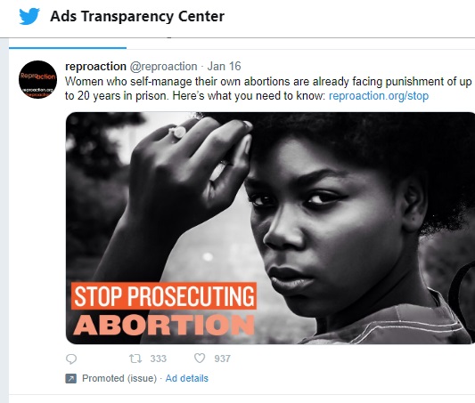 Image: ReproAction promotes Twitter ads for self managed abortion (Image: Twitter) 