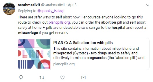 Image: Abortion supporter advises women lie about illegal abortion pill emergencies say miscarriage 
