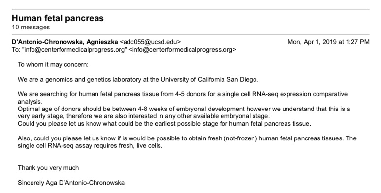 Image: Email from UCSD to CMP for human fetal pancreas