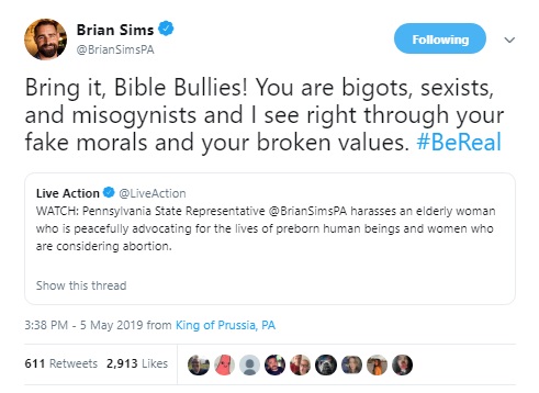 Image: PA Rep. Brian Sims shows religious bigotry to Live Action (Image: Twitter)