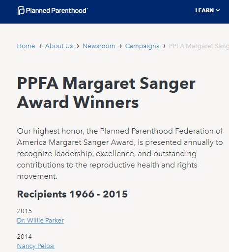 Image: Planned Parenthood Margaret Sanger Award last issued 2015 (Image PPFA website May 13, 2019) 