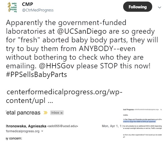 Image: Tweet from CMP about go funded laboratory and fetal body parts request from UCSD