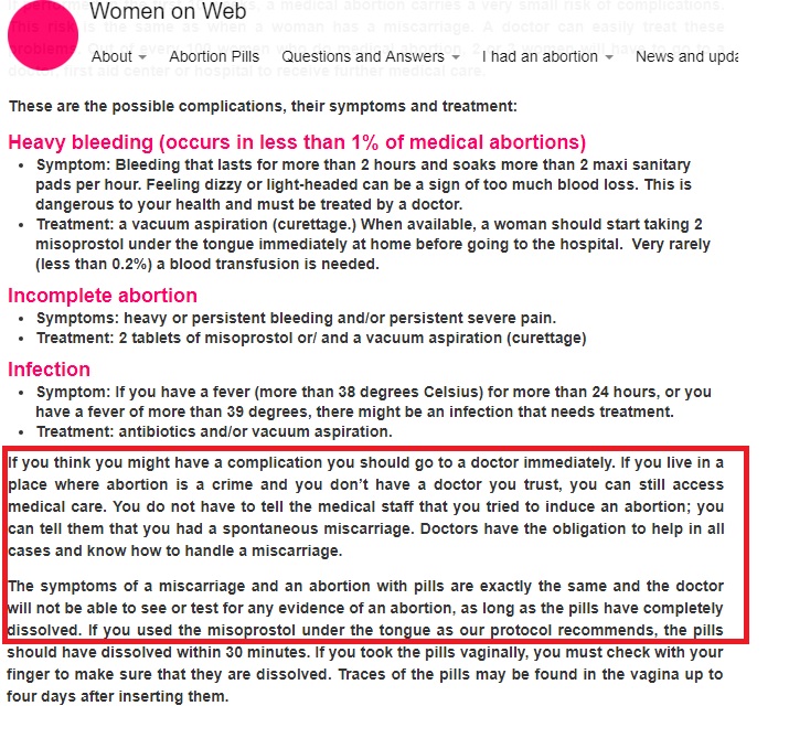 Image: Women on Web advises women lie about illegal abortion pill emergencies say miscarriage (accessed 5/14/2019)