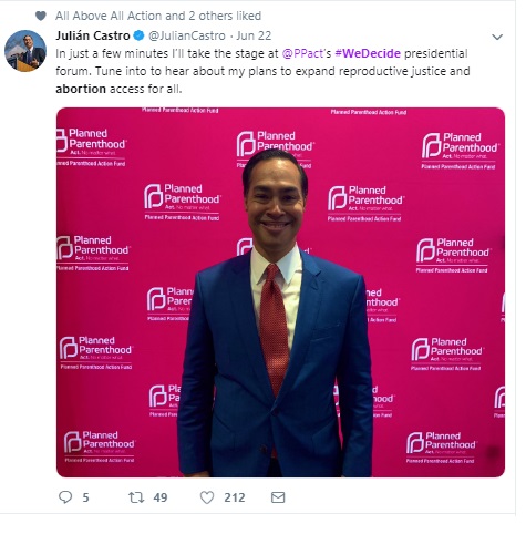 Image: Julian Castro June 2019 We Decide Forum w Planned Parenthood (Image: Twitter) 