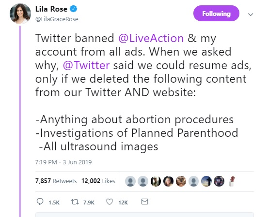 Image: Lila Rose of pro-life group Live Action on Twitter's censorship June 2019