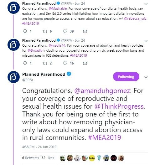 Image: Planned Parenthood 2019 Award Mashable Broadly and Think Progress (Image: Twitter) 