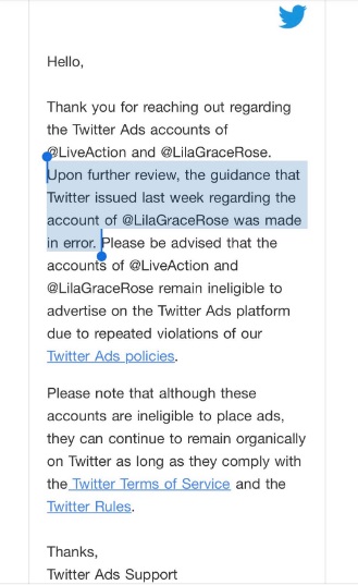 Image: Twitter responds to Lila Rose of Live Action Twitter's censorship June 2019