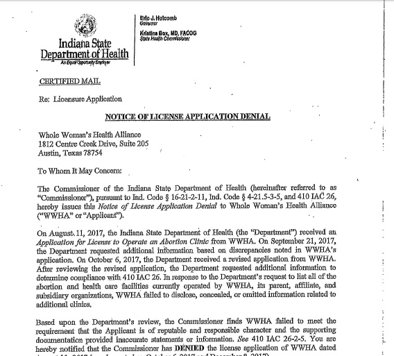 Image: Whole Women's Health Indiana DOH health letter denies license