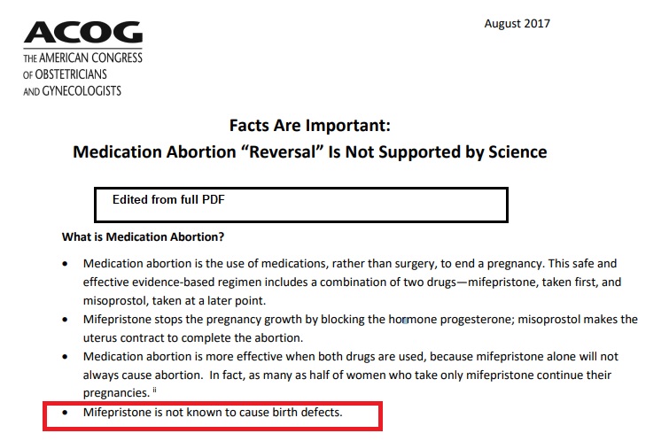Image: ACOG says Mifepristone abortion pill is not known to cause birth defects