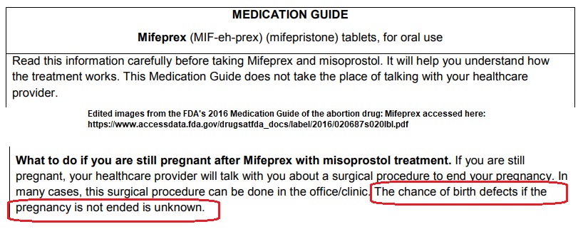 Image: FDA 2016 Mifeprex Medication Guide birth defects unknown in abortion pill