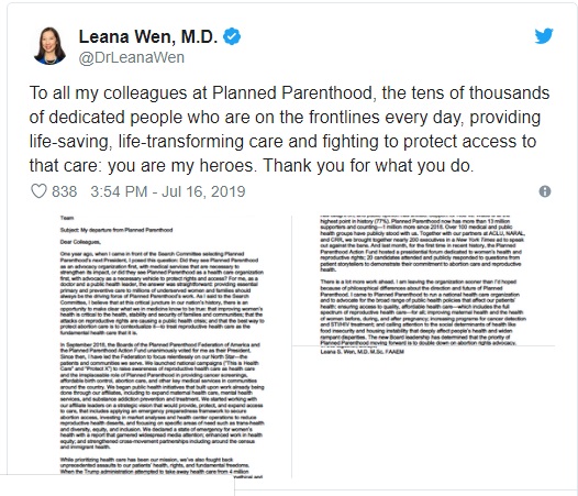 Image: Leana Wen Tweet w Letter about leaving PPFA 07162019