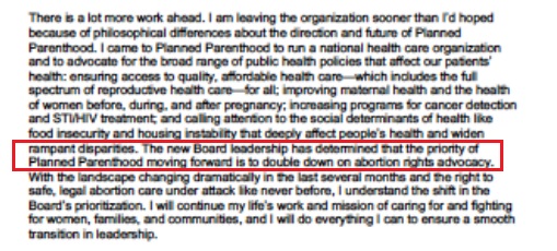 Image: Leana Wen statement Planned Parenthood reals reason is abortion (Image Leana Wen Letter on Twitter 07162019) 
