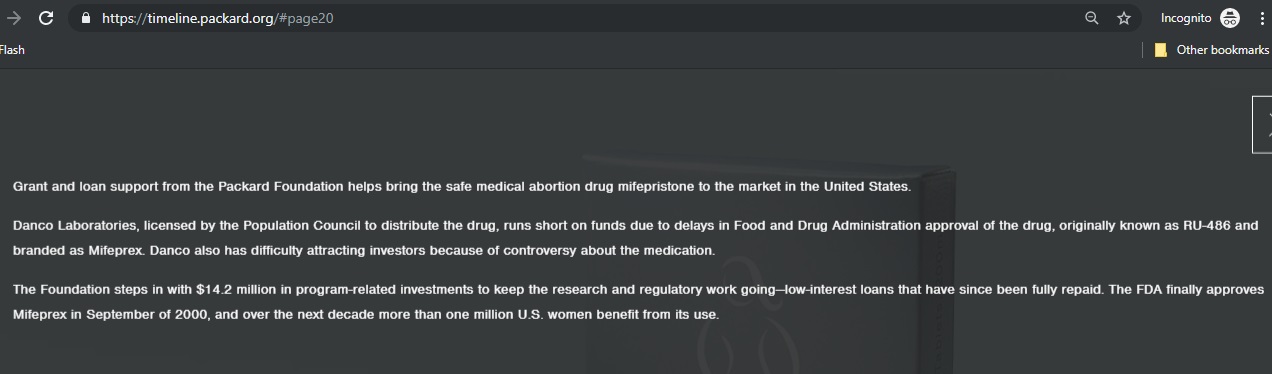 Image: Packard Timeline shows it invested in abortion pill mfg Danco (Packard Foundation website accessed 07/10/2019)