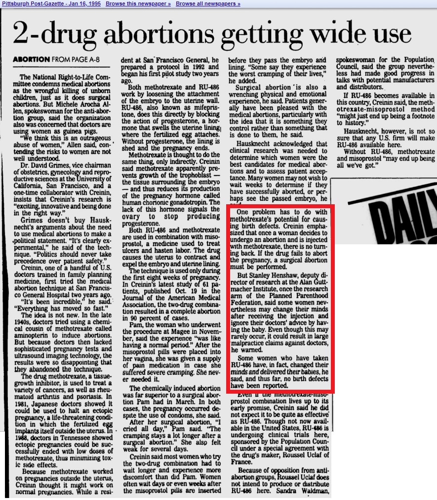 Image: Guttmacher women had no birth defects after abortion pill: Pitts Post Gazette 1995 Part Two