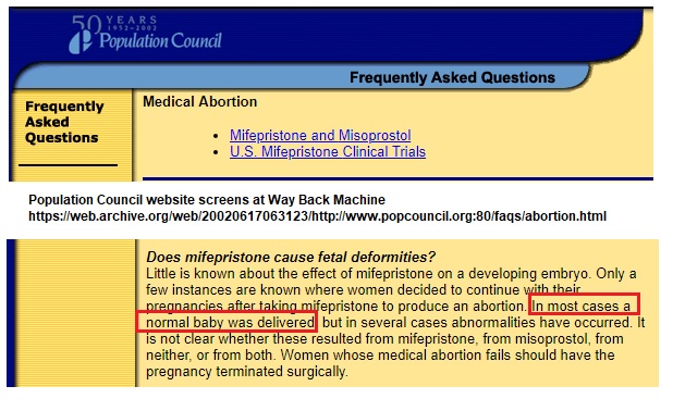 Image: Population Council website WBM 2002 abortion pill and birth defects on continued pregnancy