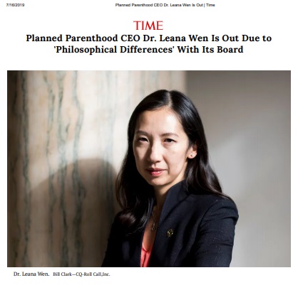 Image: Time headline on Leana Wen leaving PPFA 07162019 (Image Time Magazine)
