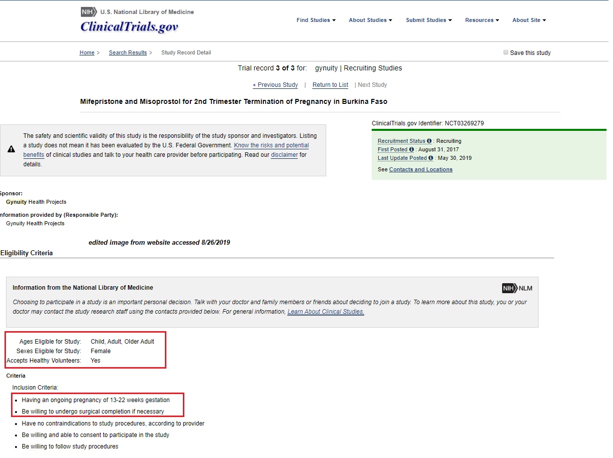 Image: Abortion Pill Clinical Trial outside US for second trimester sponsored by Gynuity (Image: FDA Clinical Trial website) 