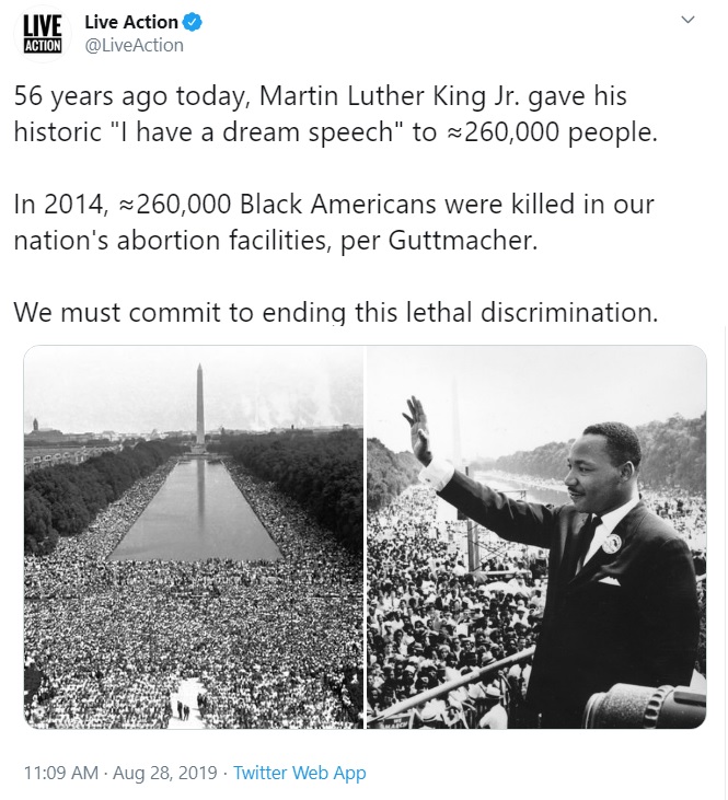 Image: Abortion kills as many Blacks as attended MLK I had Dream Speech (Image Live Action Twitter) 
