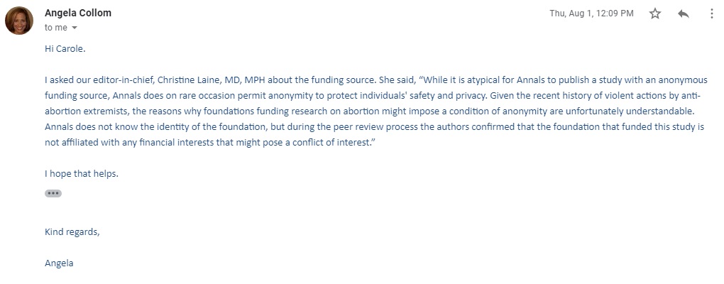 Image: Annals of Internal Medicine email of anonymous abortion study funding source