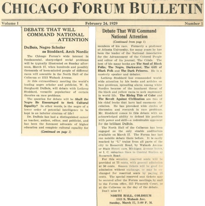 Image: W.E.B Dubois and Lothrop Stoddard debate 1929 in Chicago Forum Bulletin