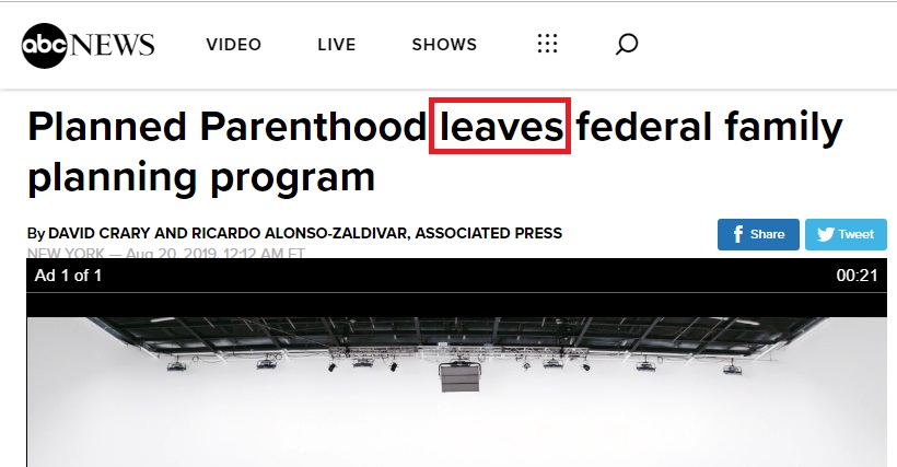 Image: ABC News Headline Planned Parenthood refuses funds TitleX 