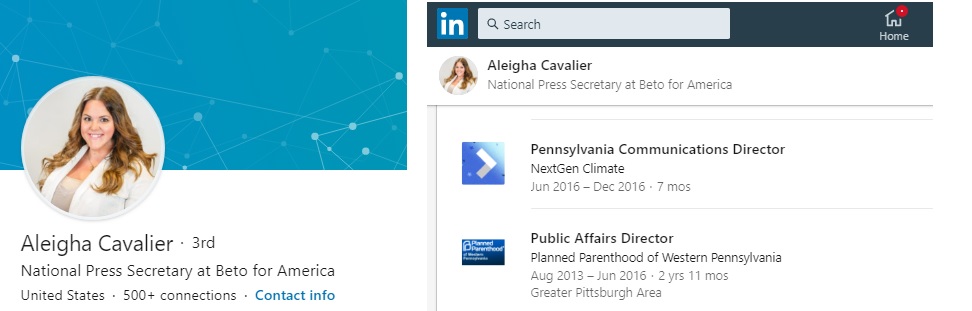 Image: Aleigha Cavalier worked for Planned Parenthood now BETO campaign (Image: LinkedIn) 