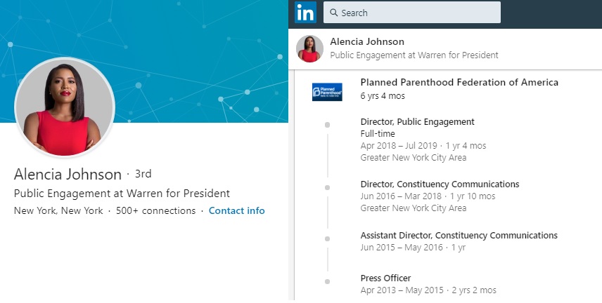 Image: Alencia Johnson formerly Planned Parenthood staffer works E Warren Campaign (Image: LinkedIn)