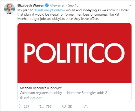 Image: Elizabeth Warren plan to end lobbying (Image: Twitter) 