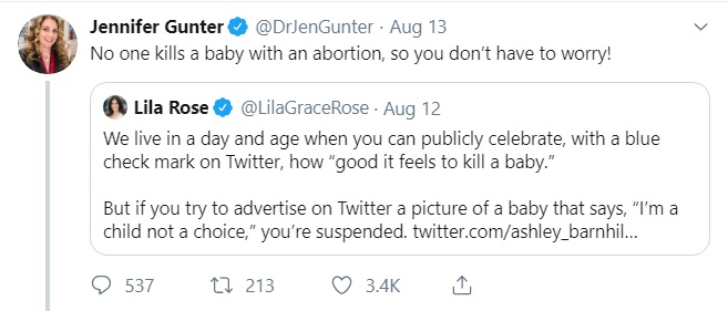 Image: Jen Gunter tweets to Live Action no one kills baby in abortion (Image: Twitter) 