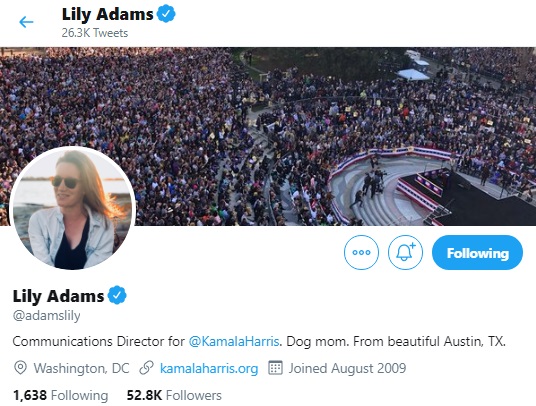 Image: Lily Adams daughter of Cecile Richards Planned Parenthood prez works for Kamala Harris (Image: Twitter)