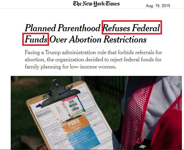 Image: NYT Headline Planned Parenthood refuses funds TitleX