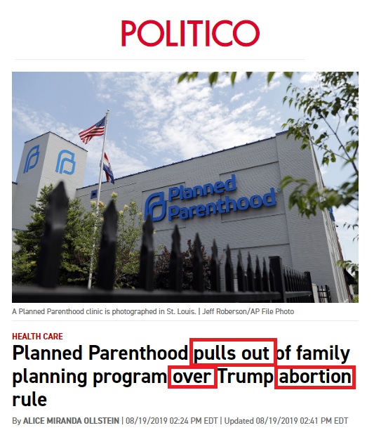 Image: Politico Headline Planned Parenthood refuses funds TitleX 2