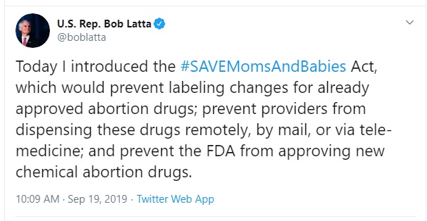 Image: Rep. Bob Latta tweets pro-life legislation to enforce FDA REMS on abortion pill 