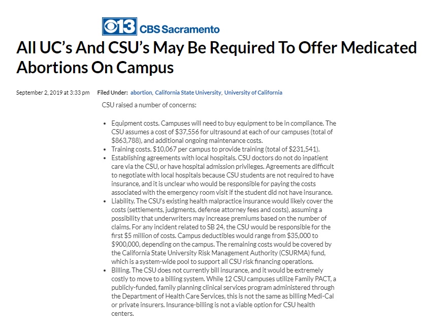 Image: CSU on costs of law mandating abortion pills on California campuses (Image: CBS Sacramento) 