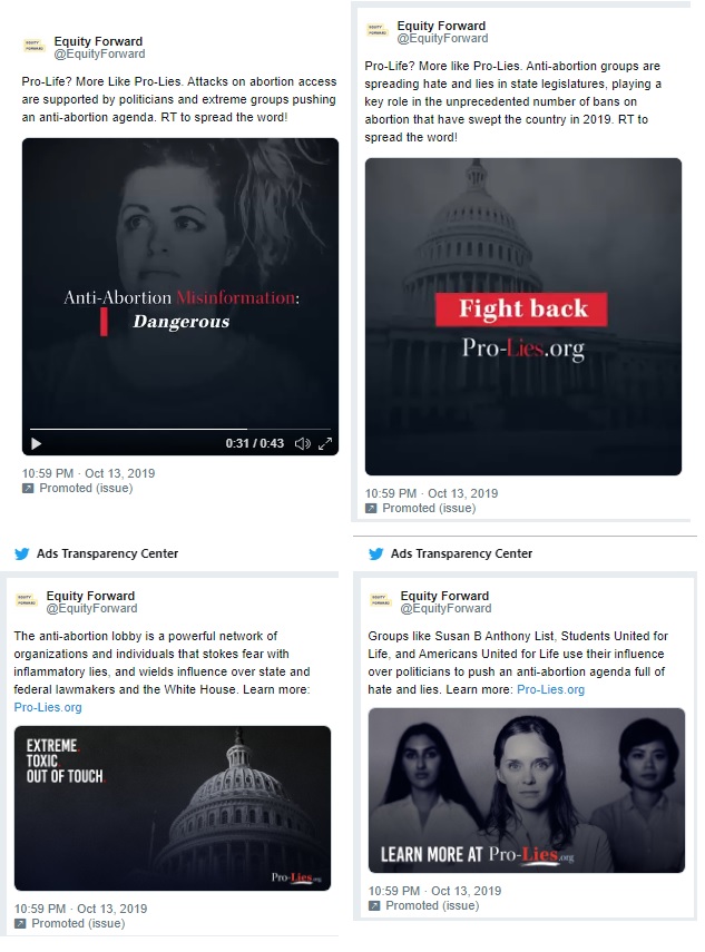 Image: Equity Forward buys Twitter ads to attack pro-life groups (Images: Twitter Ad Transparency) 