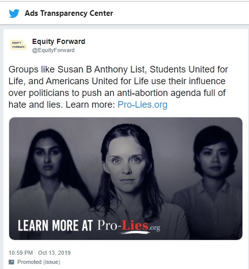Image: Pro-abortion Equity Forward attacks pro-life groups in Twitter ads (Image: Twitter)