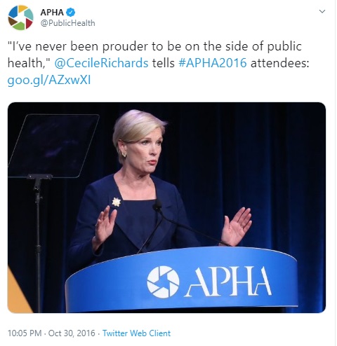 Image: American Public Health Association APHA keynote speaker Cecile Richards of Planned Parenthood (Image: Twitter) 