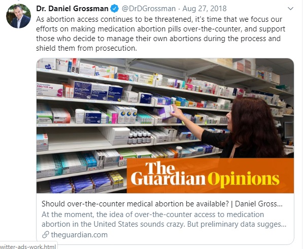Image: Daniel Grossman tweets OTC self manages abortion (Image: Twitter) 